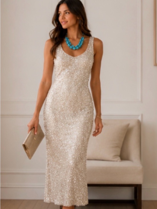 a new day Dresses & Skirts - Wedding Guest Cream Sequin Maxi Dress. Stretch fabric in the lining for comfort!